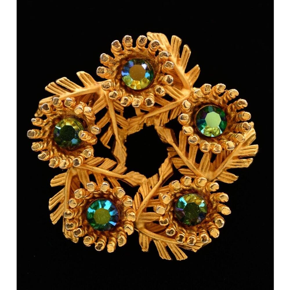 Vintage Crystal Flower Pin Brooch Blue Green AB Rhinestone Brushed Gold 80s Bin1